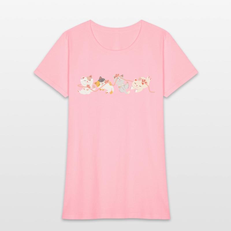 a group of kitten playing a pink ribbon